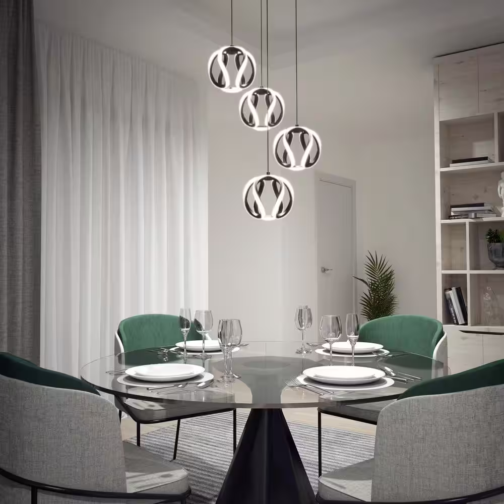 Artika Vivaldi 25-Watt 4 Light Black Modern 3 CCT Integrated LED Pendant Light Fixture for Dining Room or Kitchen