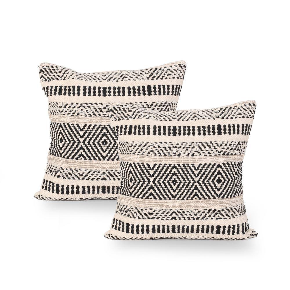 Noble House Artesian Black and White Geometric Cotton 18 in. x 18 in. Throw Pillow (Set of 2)