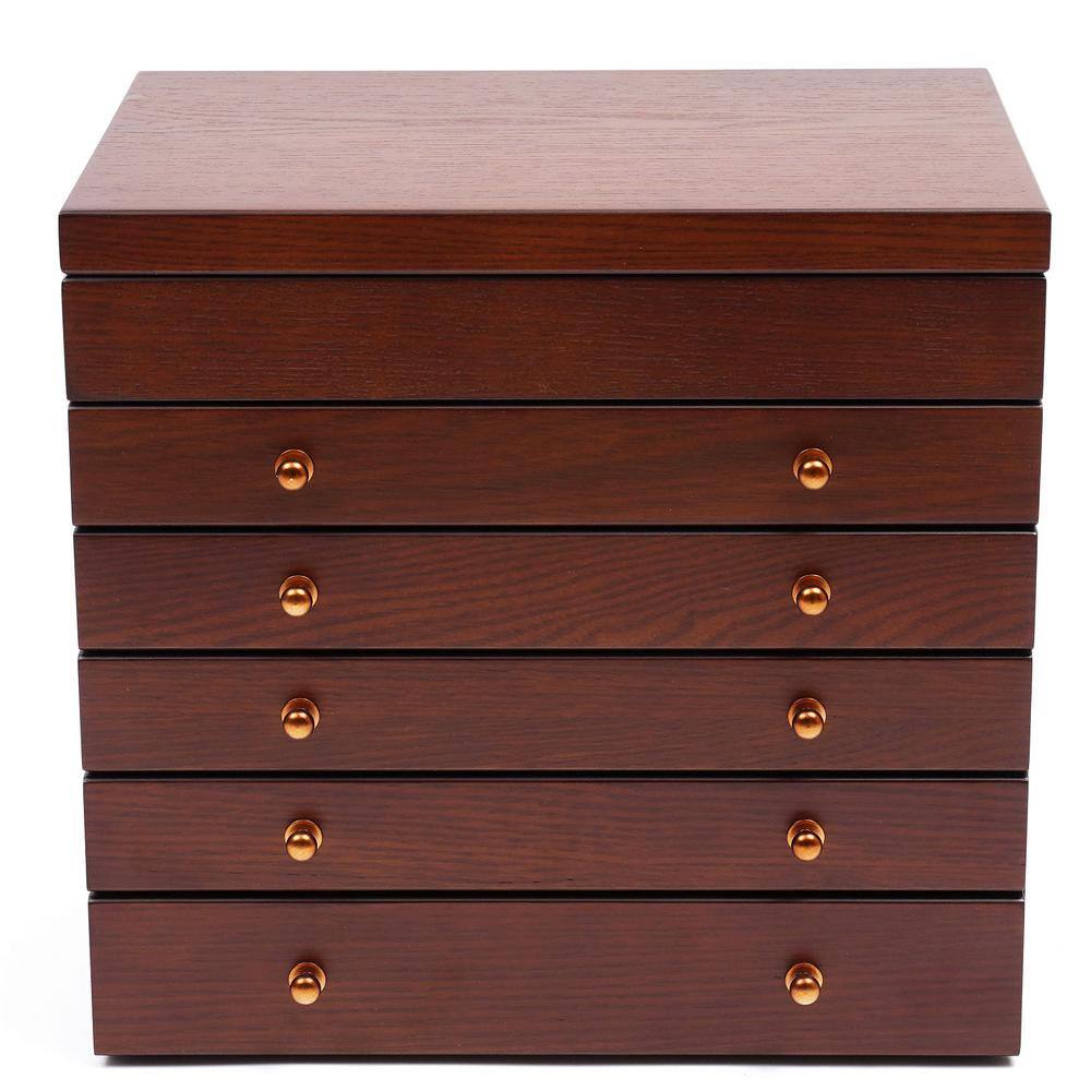 None Brown Wooden Jewelry Storage Box with Mirror 5-Drawers