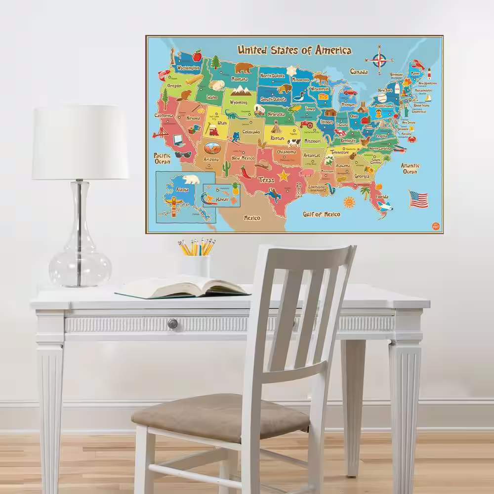 WallPops 24 in. x 36 in. Multi-Colored Kids USA Dry Erase Map Wall Decal