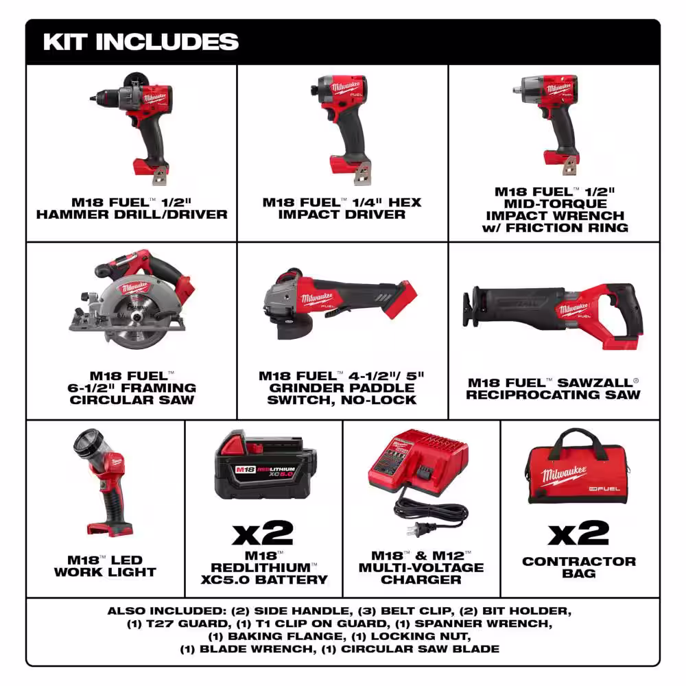 Milwaukee M18 FUEL 18V Lithium-Ion Brushless Cordless Combo Kit (7-Tool) w/2 pack of 3.0ah Batteries