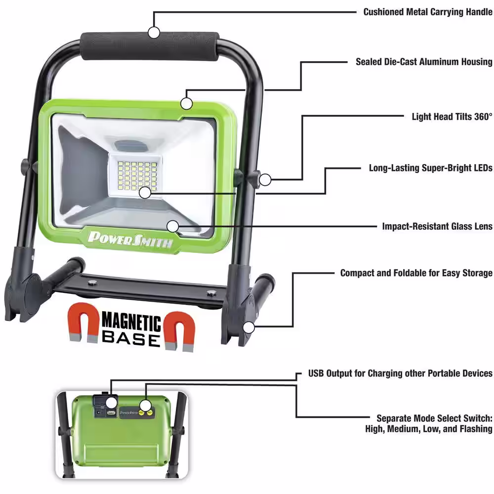 PowerSmith 2400 Lumens Weatherproof Rechargeable Lithium-ion Foldable LED Work Light with Magnetic Stand, USB Charger