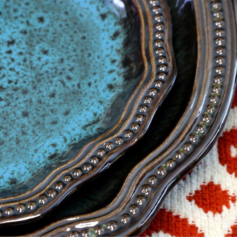 None Mystic Waves 16-Piece Modern Blue Stoneware Dinnerware Set (Service for 4)