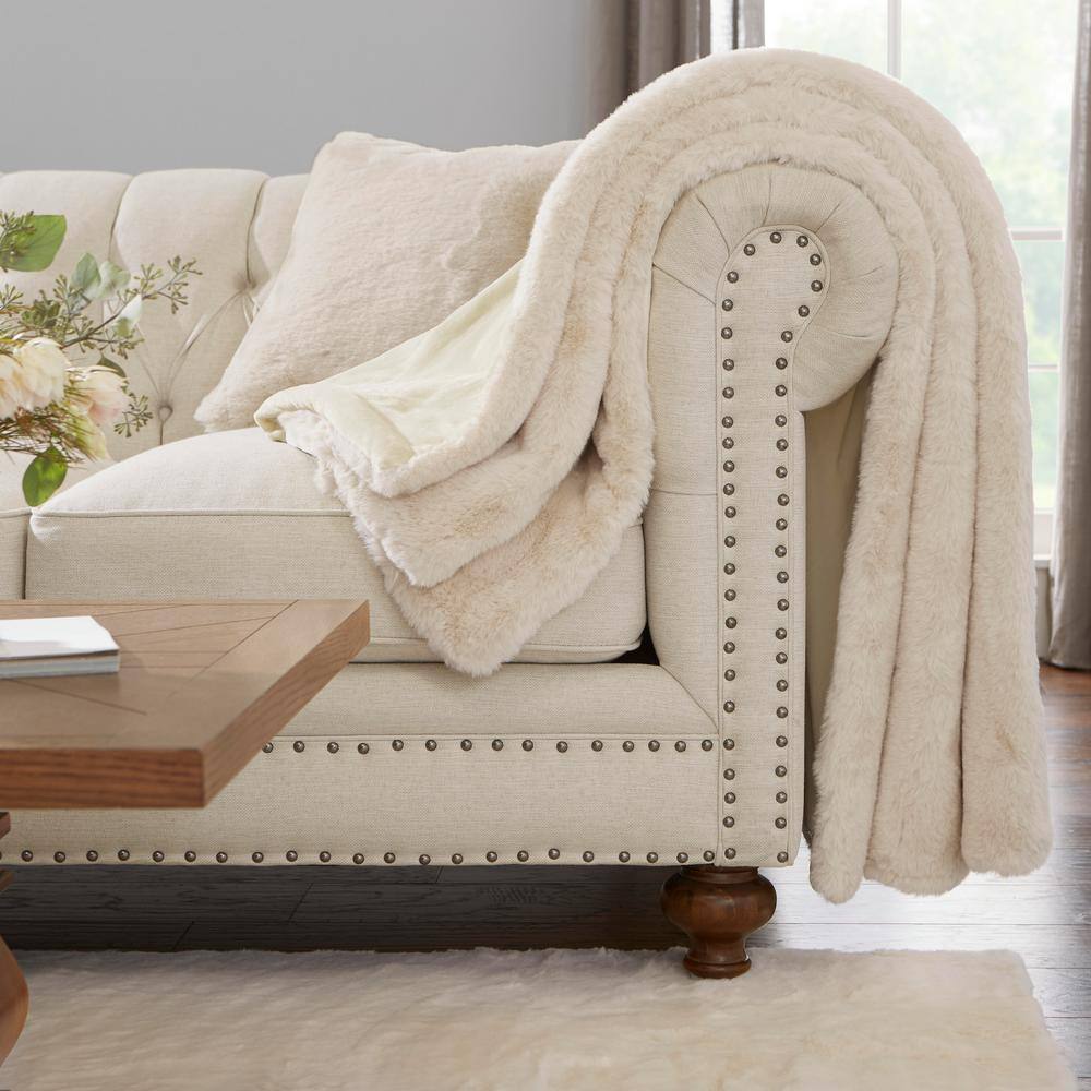 Home Decorators Collection Piper Cream Faux Rabbit Fur Square 20 in. x 20 in. Throw Pillow