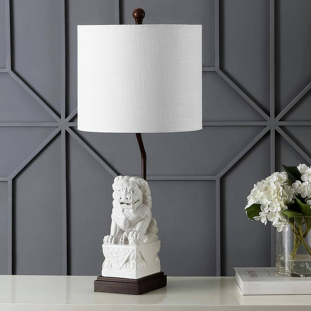 JONATHAN Y Guardian Lion 27.5 in. White Ceramic Classic Modern LED Table Lamp