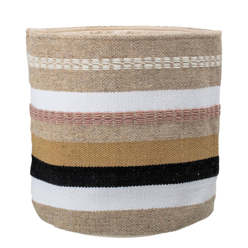 Storied Home Wool and Cotton Fabric Basket with Grey Brown and Pink Stripes
