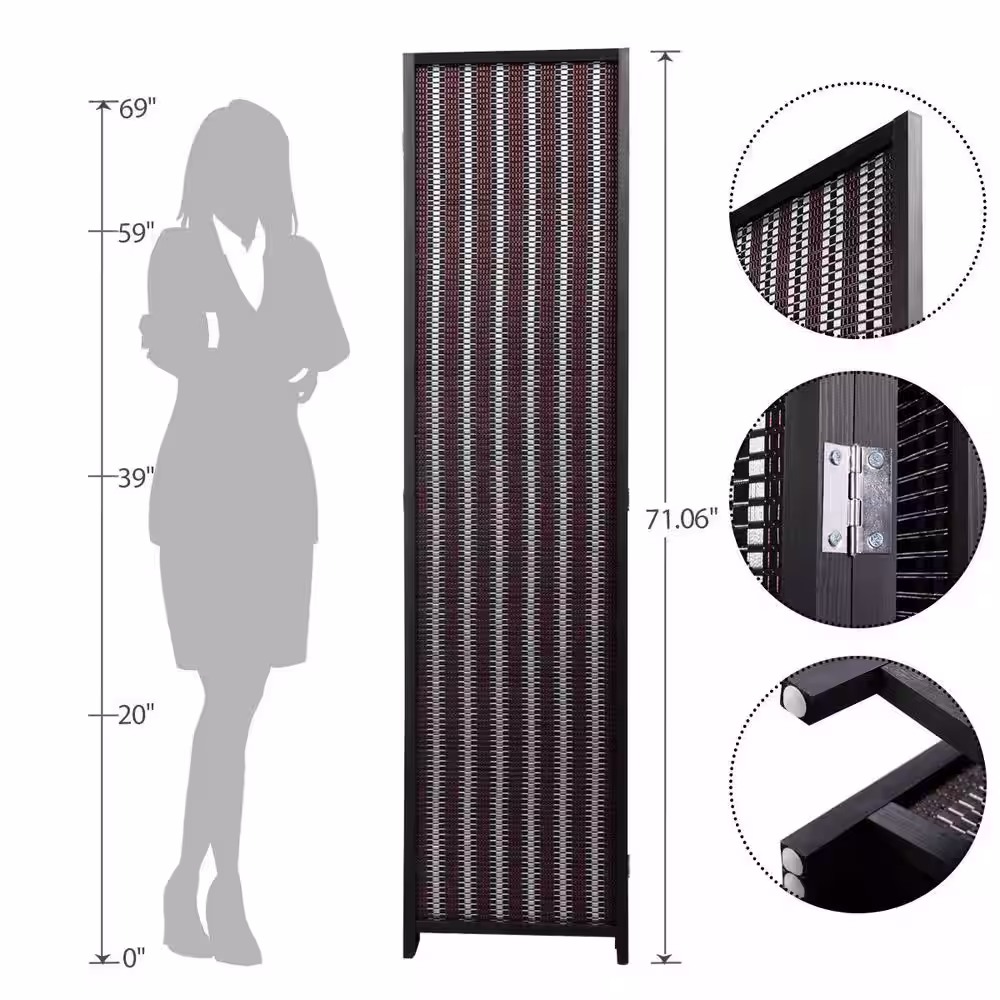 None 6-Panel Bamboo and Pine Room Divider, 6 ft. H Room Divider, Folding Privacy Screens, Freestanding Room Dividers, Black