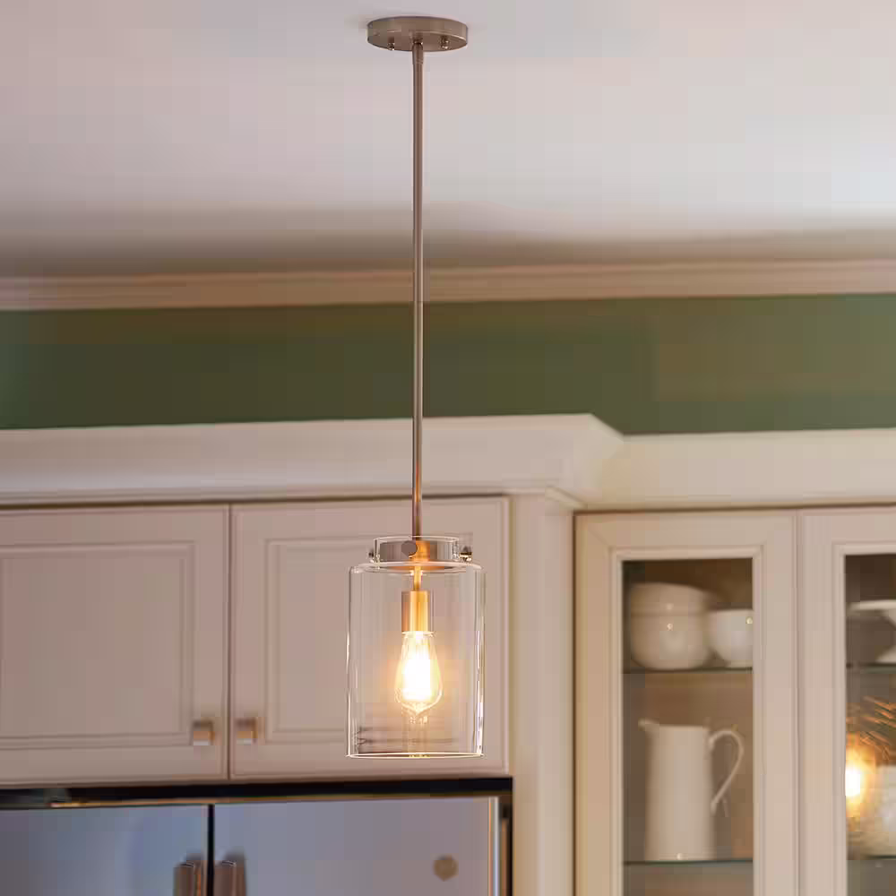 Hampton Bay Mullins 6.75 in. 1-Light Brushed Nickel Mini Pendant with Clear Glass Shade