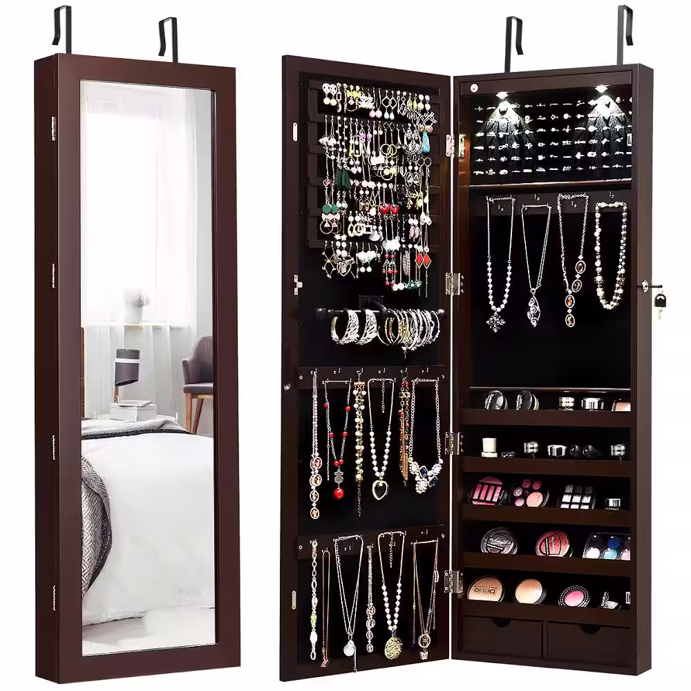 Costway Jewelry Box Mirrored Cabinet Armoire Organizer Storage with LED Lights Christmas Gift