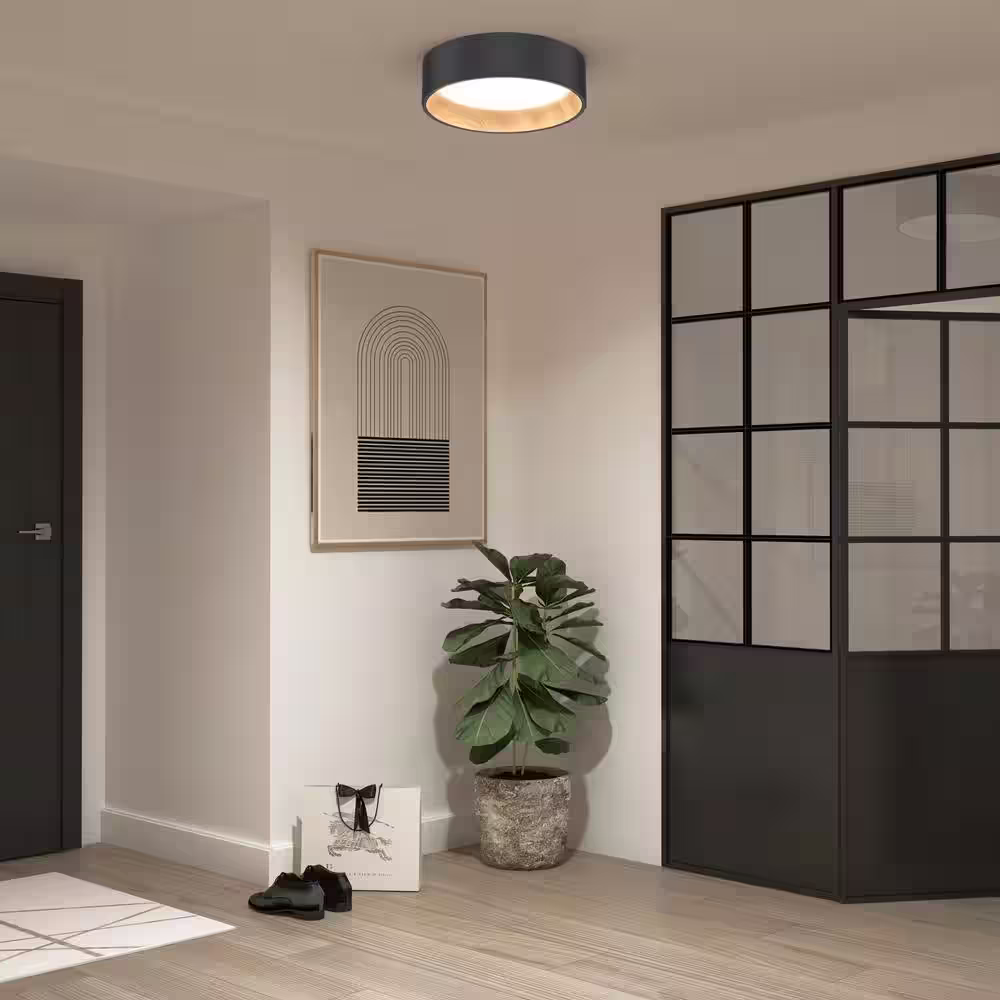Artika Alton 13 in. 1-Light Modern Black and Wood Integrated LED 3 CCT Flush Mount Ceiling Light Fixture for Kitchen or Bedroom