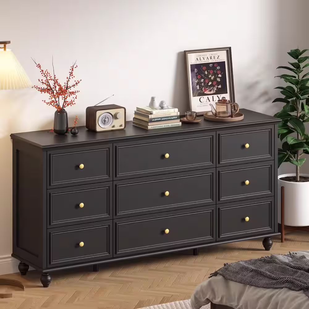 None Black Wooden 9-Drawer Chest of Drawers 63 in. W x 31.5 in. H x 15.7 in. D Dresser, Modern European Style
