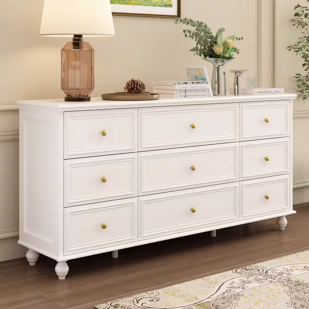 None 9-Drawer White Wooden Chest of Drawers, Modern European Style (63 in. W x 31.5 in. H x 15.7 in. D)