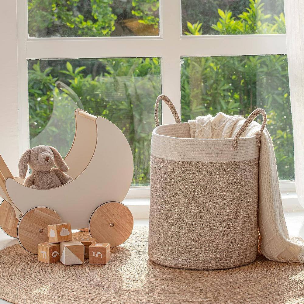 None White and Yellow Woven Basket Rope Storage Baskets