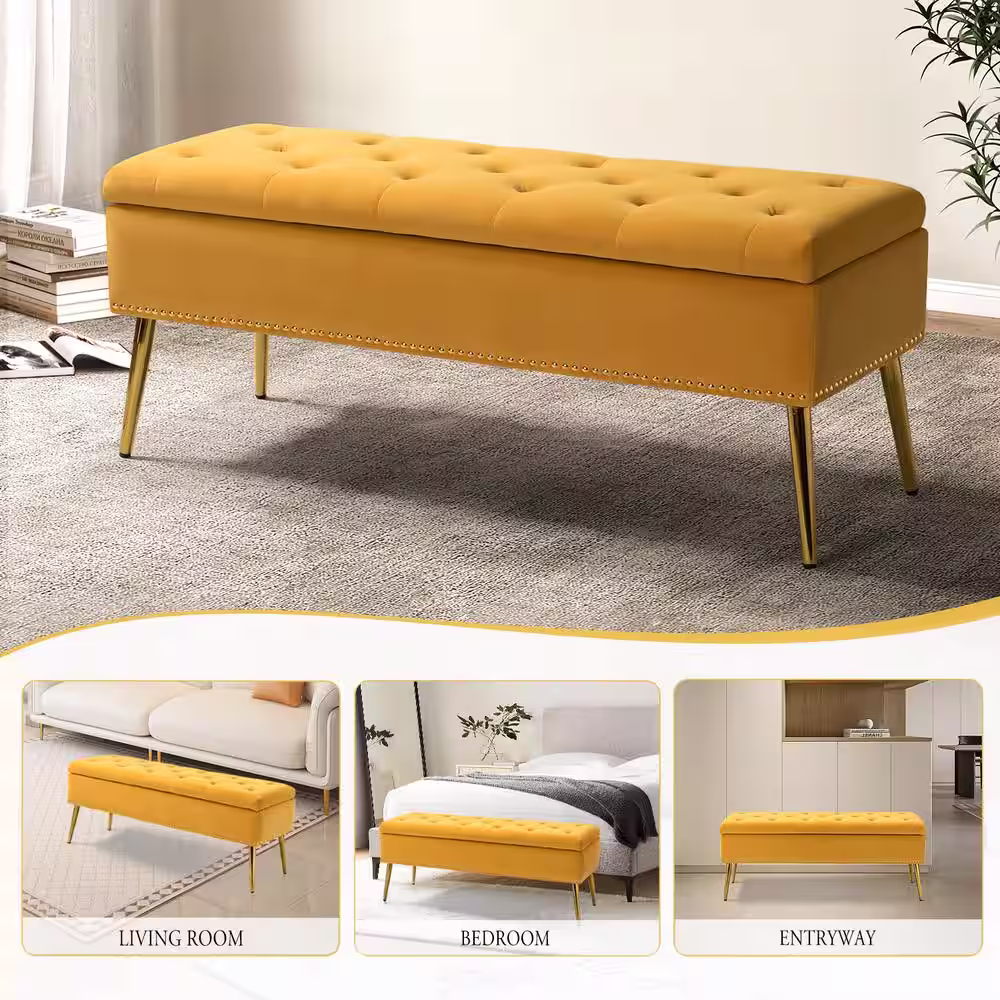 JAYDEN CREATION Hippolytus Mustard Fabric Top Tufted 45.5 in.Wx15.5 in.Dx18.5 in.H Storage Bench with Nailhead Trim
