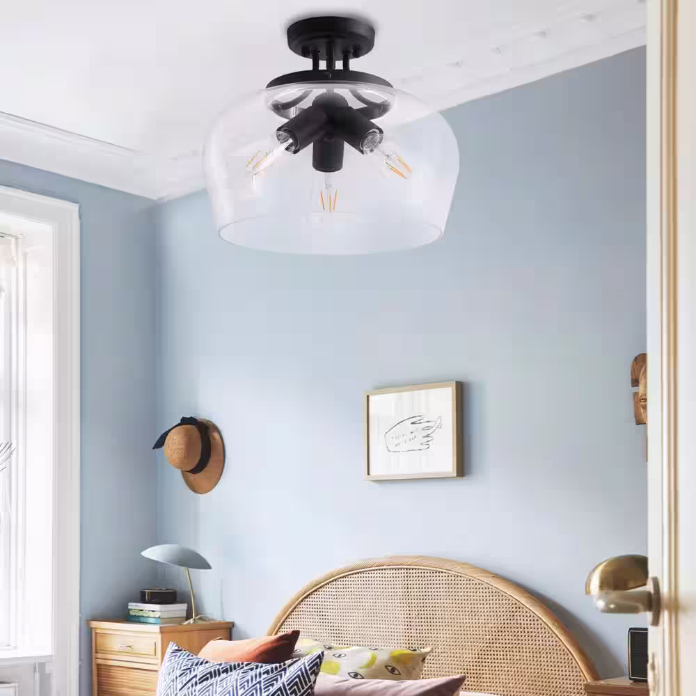 Merra 14 in. 3-Light Matte Black Semi-Flush Mount with Clear Glass Shade