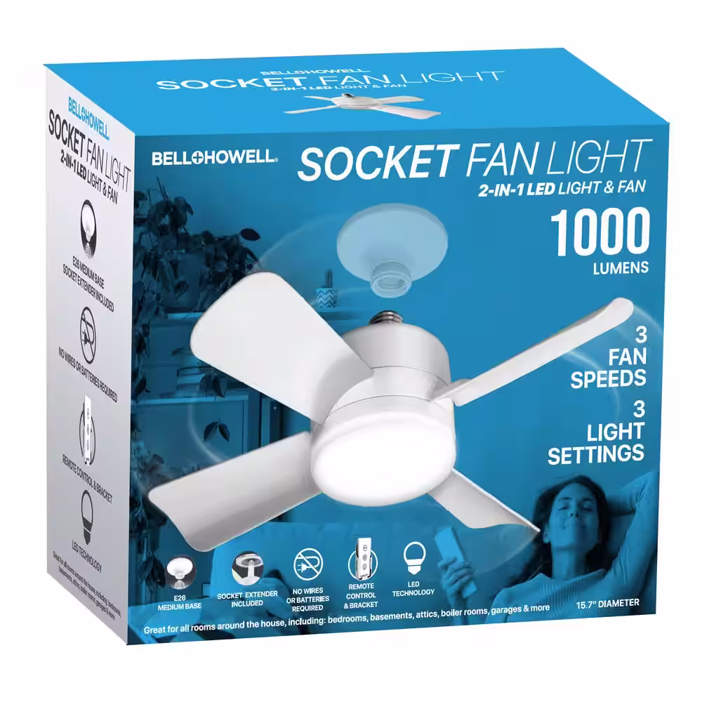 Bell + Howell 15.7 in. Indoor White Ceiling Fan with Remote, LED Light, Socket