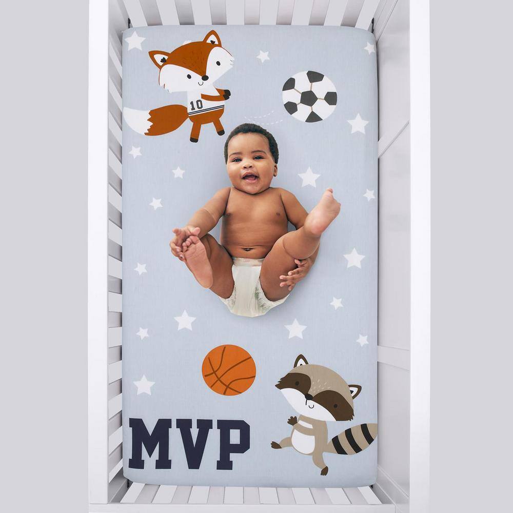 NoJo Team All Star Light Blue, Grey, and Orange, MVP Fox and Raccoon Sports Theme 100% Cotton Fitted Crib Sheet