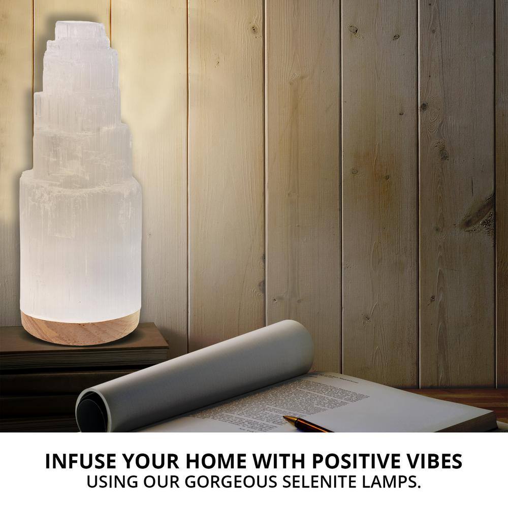 None Selenite Crystal Lamp 25cm, Hand Crafted Moroccan Tower Night Light for Anxiety Relief, with Wooden Base & USB Cable