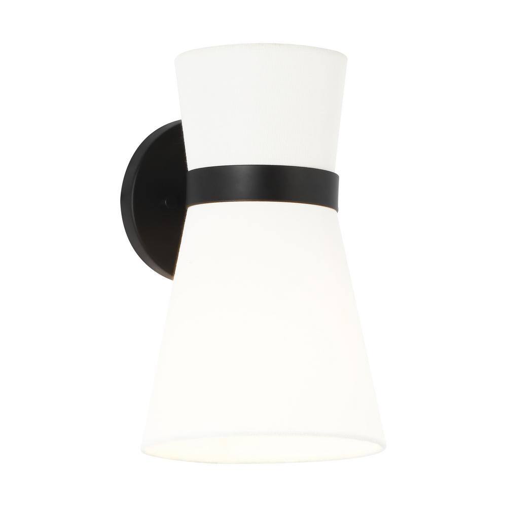 Generation Lighting Clark 7 in. 1-Light Midnight Black Wall Sconce With White Linen Shade