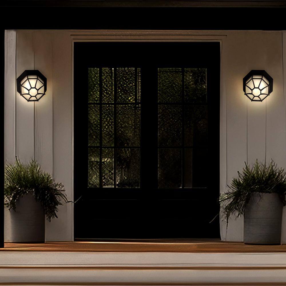 Sunlite 12 in. 1-Light Black LED Dimmable Decorative Octagonal Outdoor Flush Mount Light, Selectable CCT 3000K 4000K 5000K