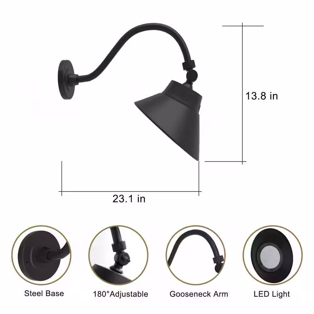 None 10 in. 42-Watt, 4000 Lumens LED Black Angle Shade Gooseneck Barn Light with Photocell, Outdoor Sign Light