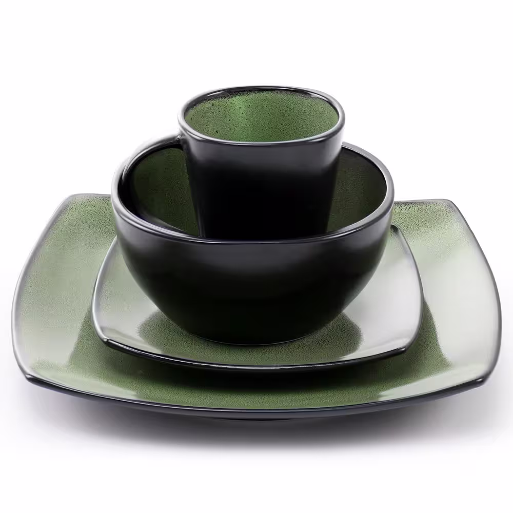 GIBSON ELITE Soho Lounge 16-Piece Square Stoneware Dinnerware Set in Green