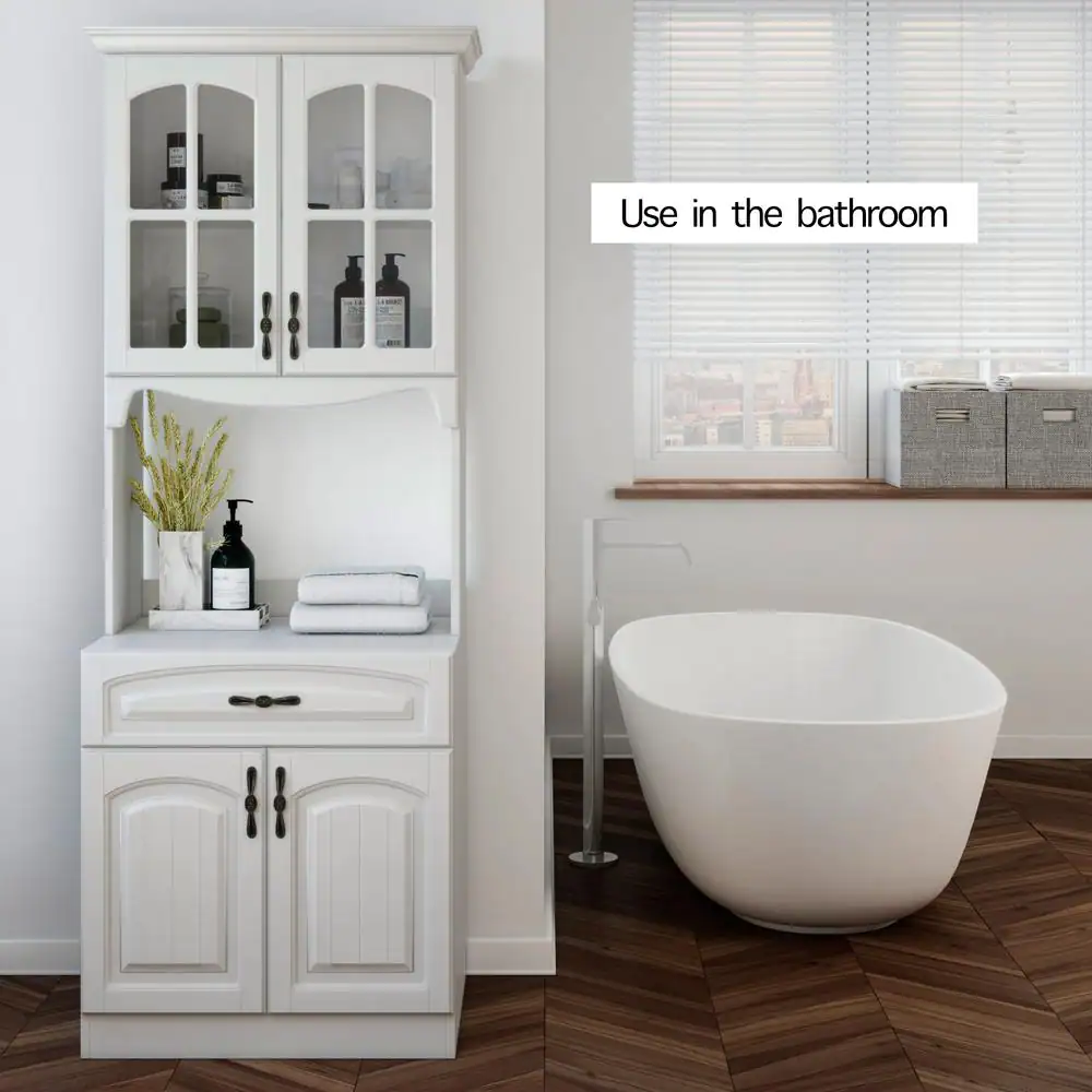 None Galiano 73 in. White Kitchen Pantry Storage Cabinet Buffet with Hutch For Microwave with Drawer