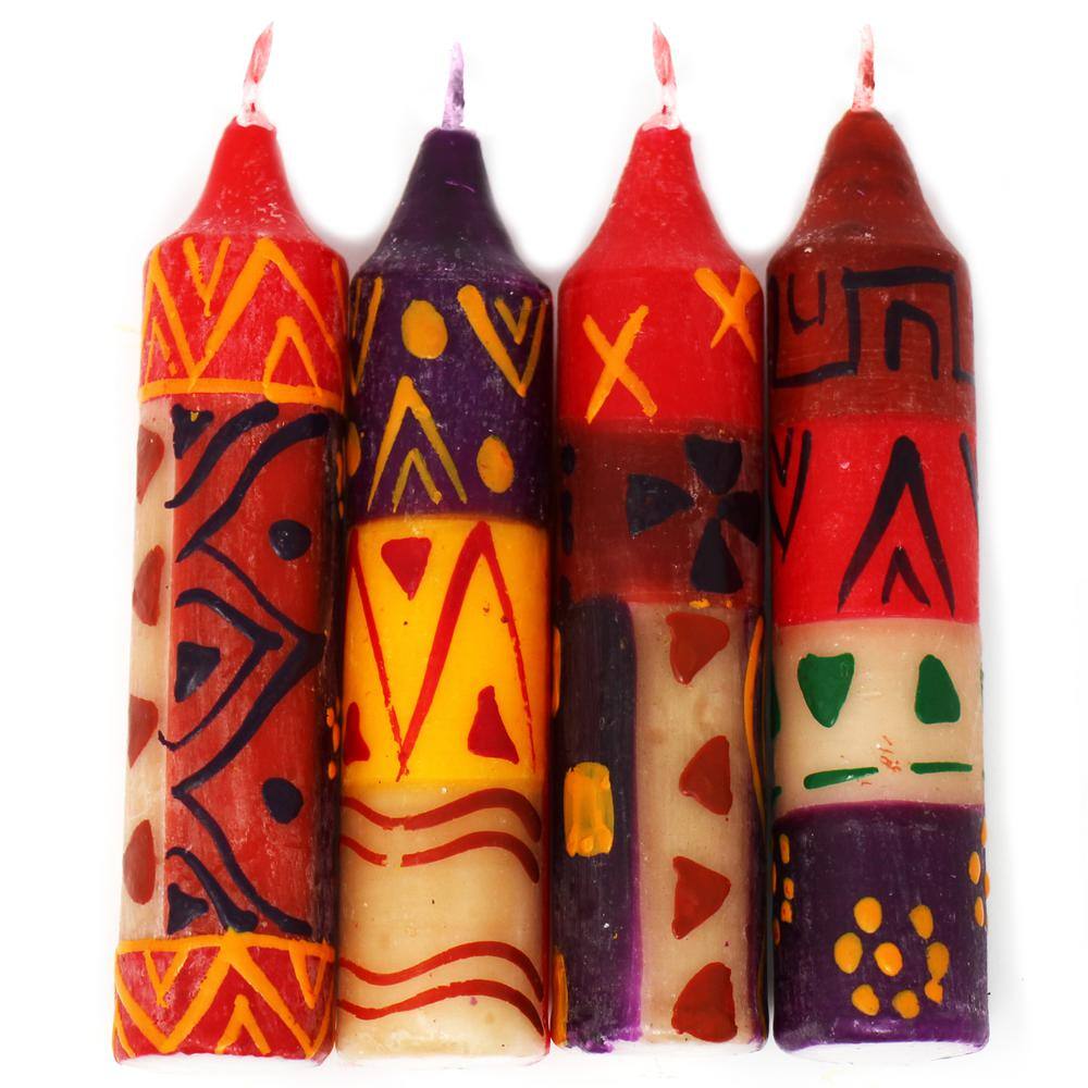 None Multi-Colored Indabuko Design Hand-Painted Dinner or Shabbat Candles (Set of 4)