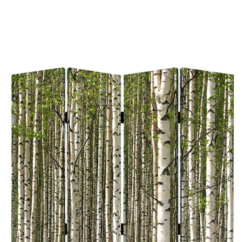 Benjara Green and White 3 Panel Foldable Canvas Evergreen Forest Print Screen