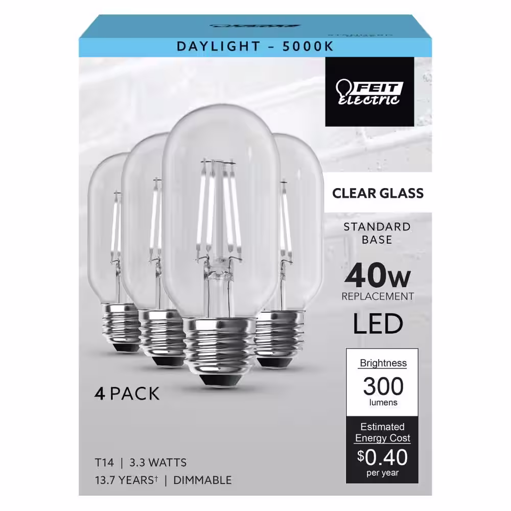 Feit Electric 40-Watt Equivalent T14 Dimmable Straight Filament Clear Glass E26 Vintage Edison LED Light Bulb, Daylight 5000K (4-Pack)