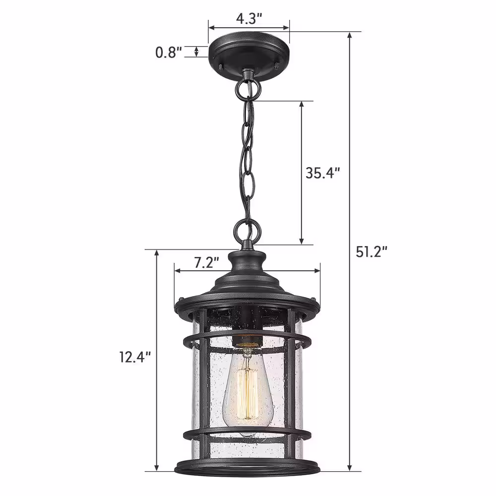 JAZAVA 12 in. 1-Light Black Outdoor Pendant Hanging Light with Seeded Glass Shade