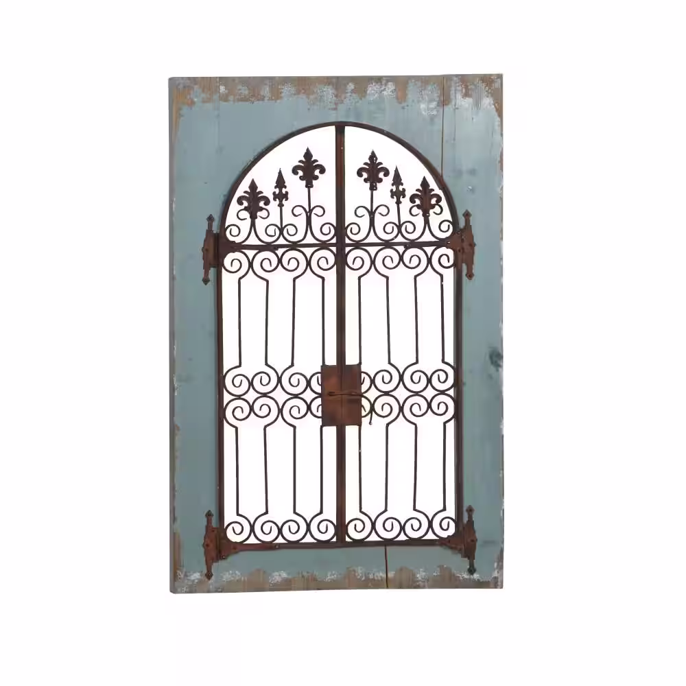 Litton Lane Wood Blue Window Pane Inspired Scroll Wall Decor with Metal Fleur De Lis Relief