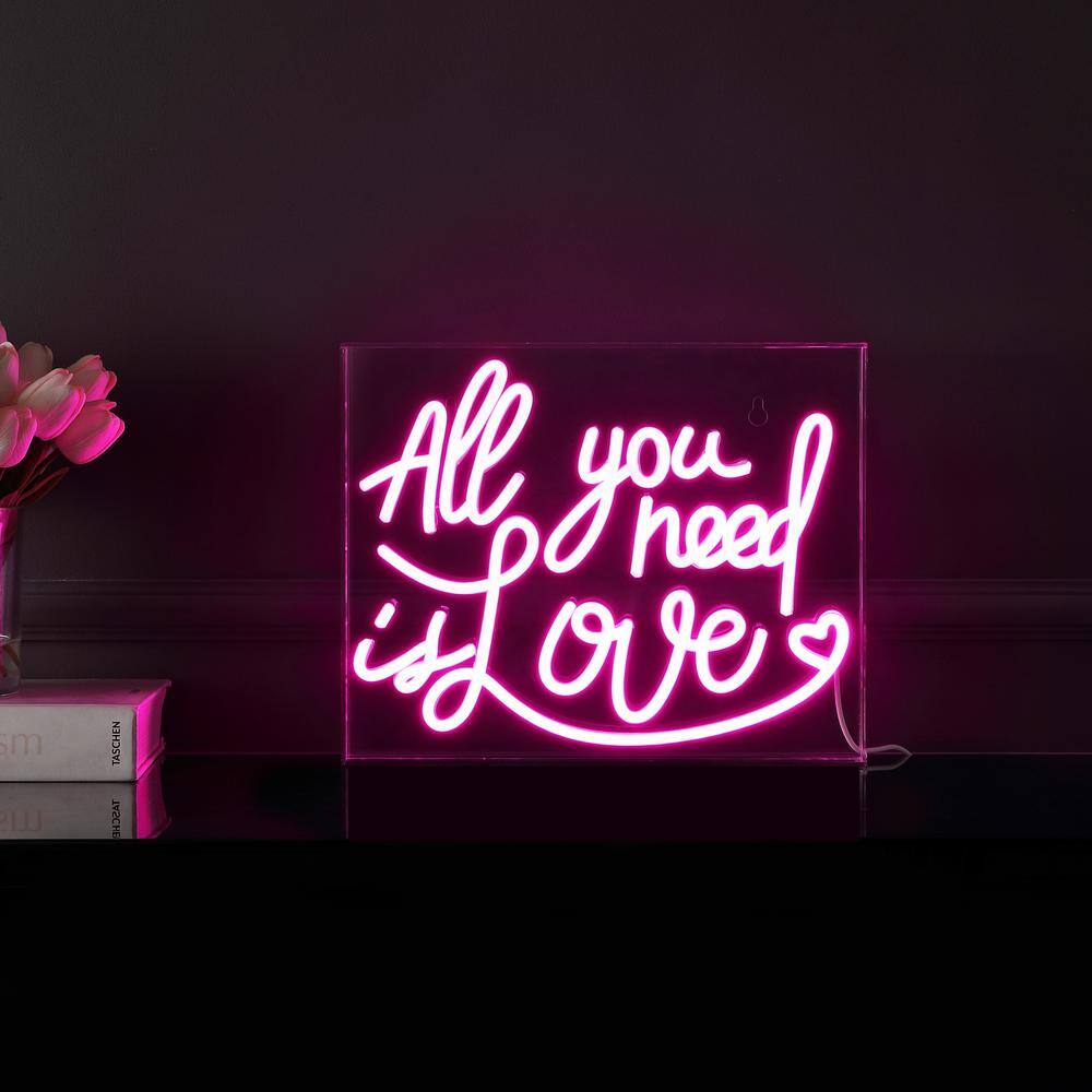 JONATHAN Y All You Need Is Love 13.7 in. x 10.9 in. Contemporary Glam Acrylic Box USB Operated LED Neon Night Light, Pink