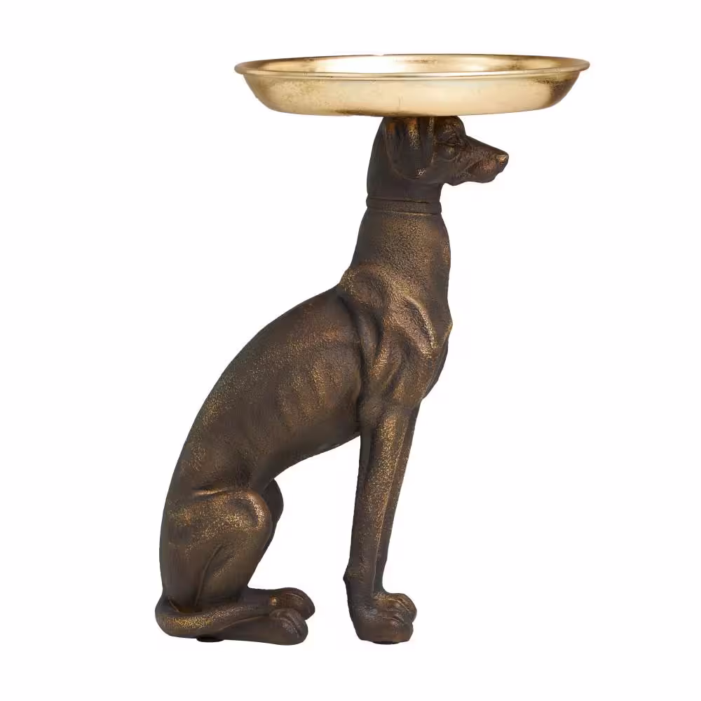 Litton Lane Bronze Polystone Dog Sculpture with Gold Metal Tray