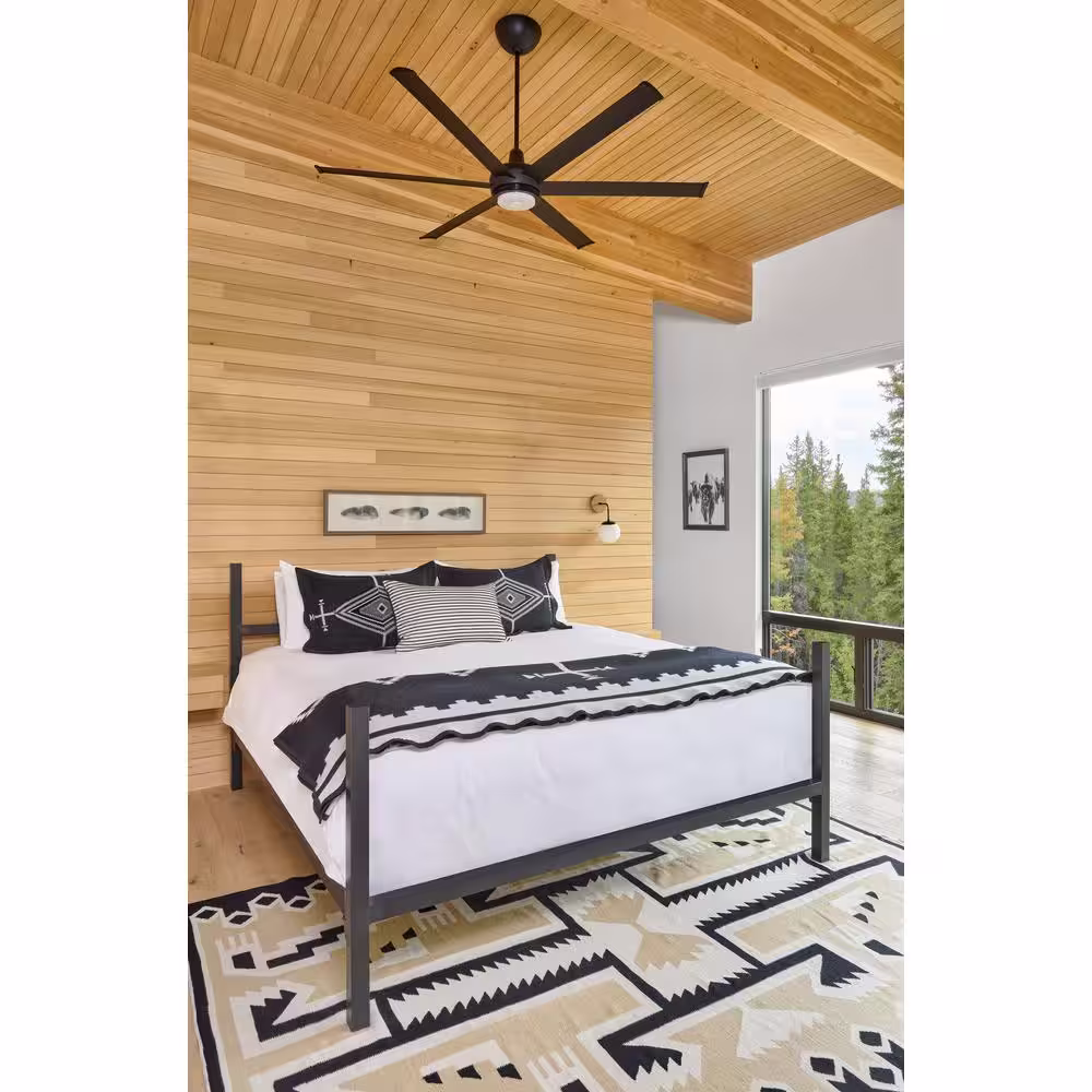 Big Ass Fans es6 - Smart Indoor/Outdoor Ceiling Fan, 72 in. Diameter, Black, Universal Mount with 7 in. Ext Tube - with Downlight LED