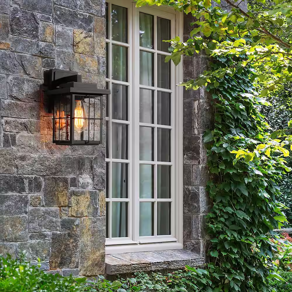 LNC Farmhouse Outdoor Wall Light Modern Black Sconce 1-Light Exterior Porch Deck Wall Lantern with Clear Seeded Glass Shade