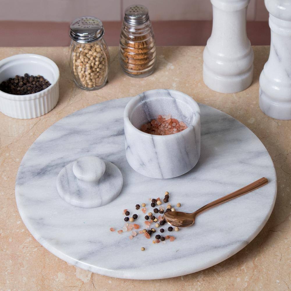 Creative Home Natural Off-White Marble Salt Cellar Keeper Round Salt Spices Container Salt and Pepper Bowls, 3