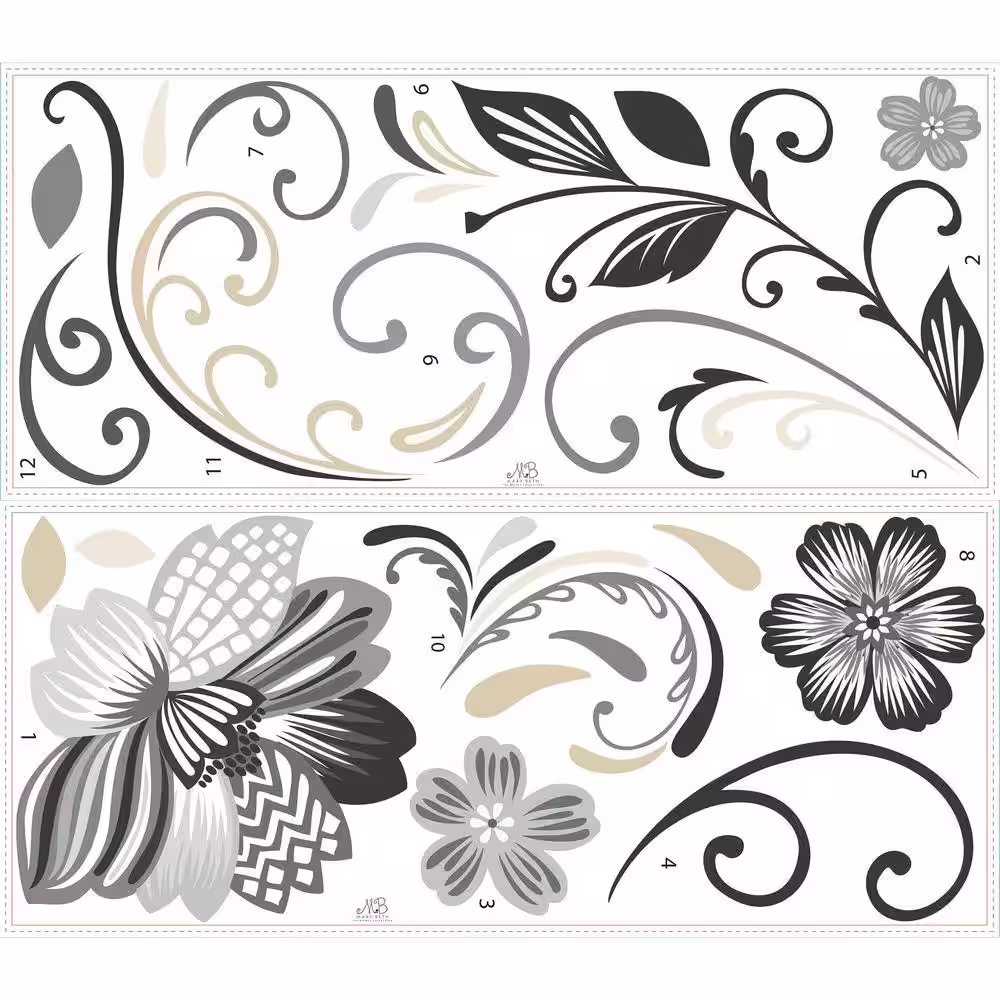 RoomMates 5 in. x 19 in. Black and White Flower Scroll 22-Piece Peel and Stick Giant Wall Decal