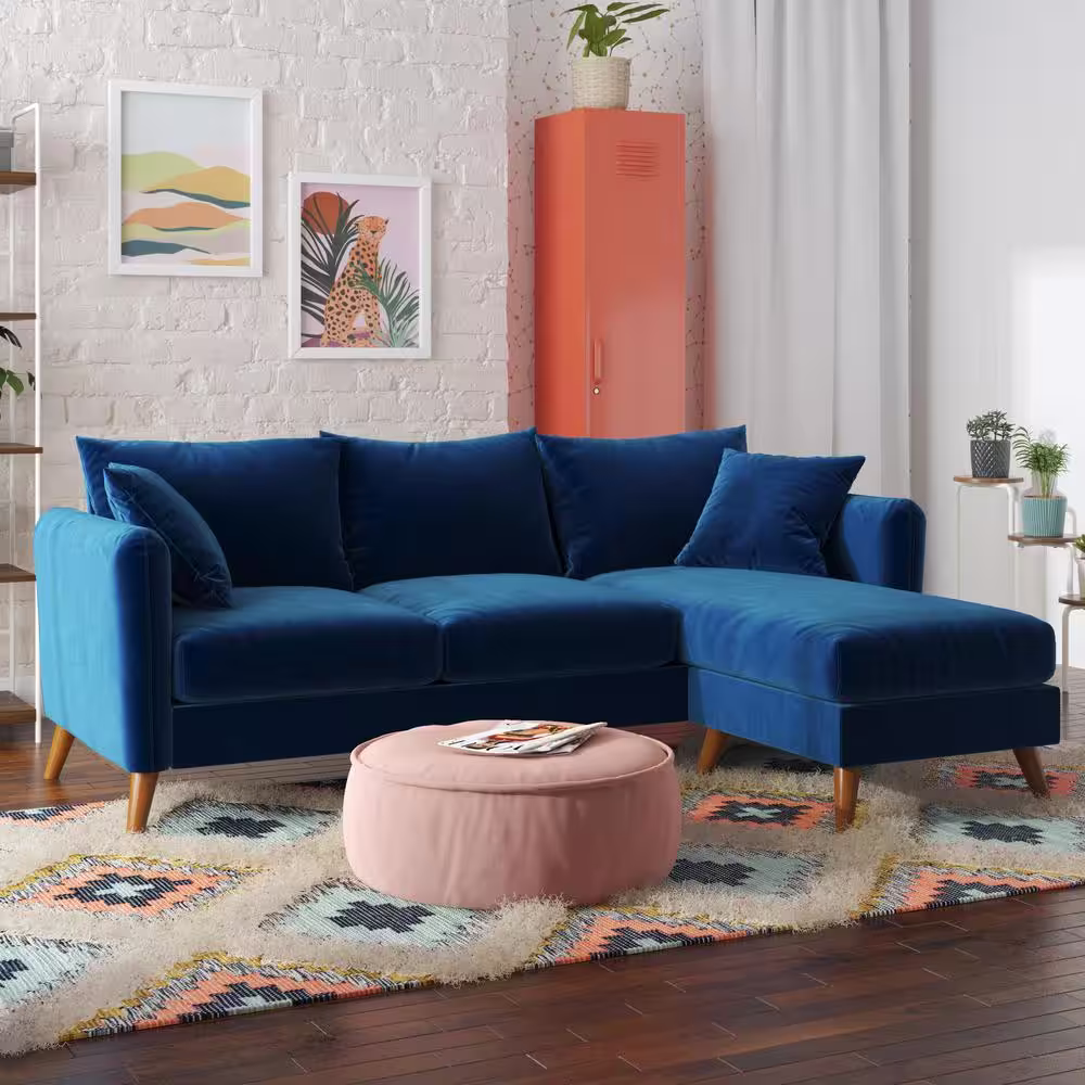 Novogratz Magnolia 84 in. Rounded Arm 1-Piece Velvet L Shaped Reversible Sectional Sofa in Blue w/Pocket Coils and Pillows