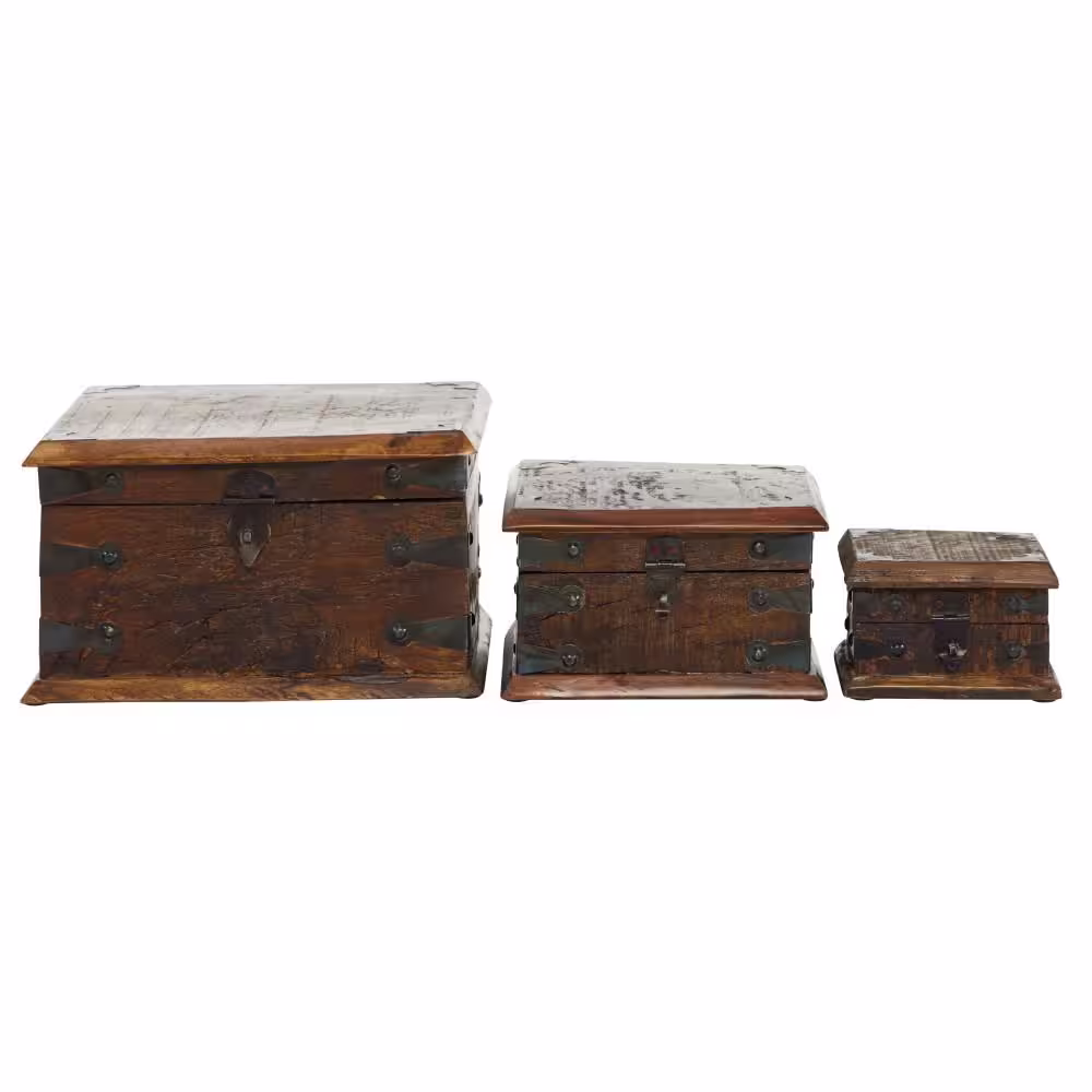 Litton Lane Rectangle Reclaimed Wood Box with Hinged Lid (Set of 3)
