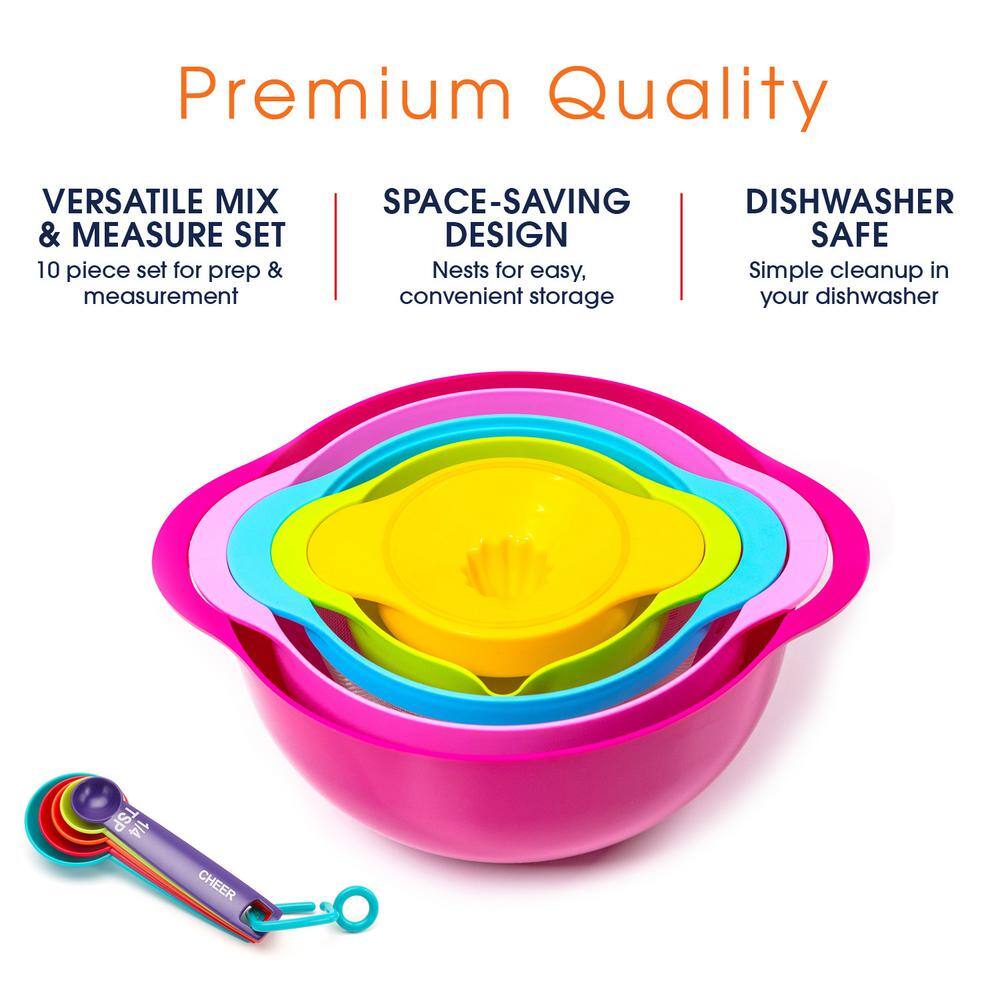 CHEER COLLECTION 10-Piece Assorted Colors Nested Bowl Set with Mixing Bowls, Juicer and Measuring Spoon