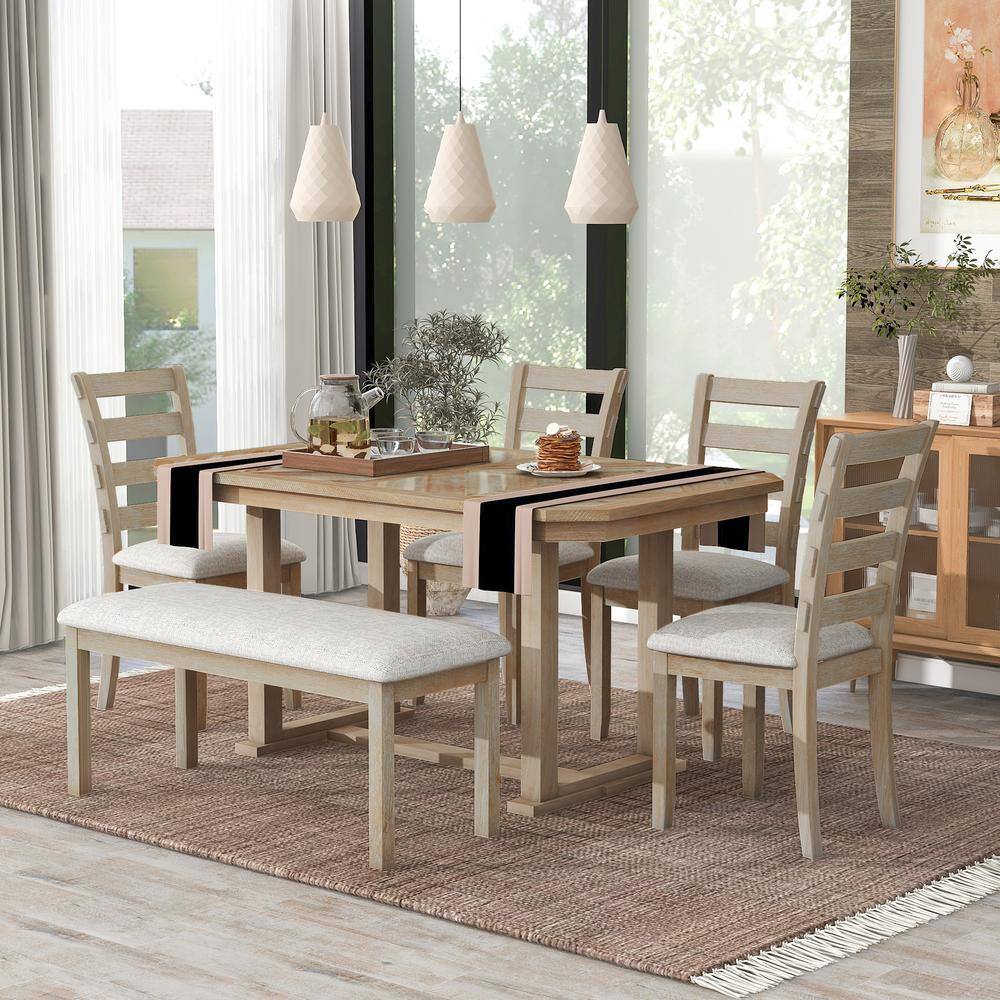 Magic Home 6-Piece Rubber Wood Kitchen Dining Table Set with Wood Grain Tabletop, Wood Veneer Chairs and Bench, Natural Wood Wash