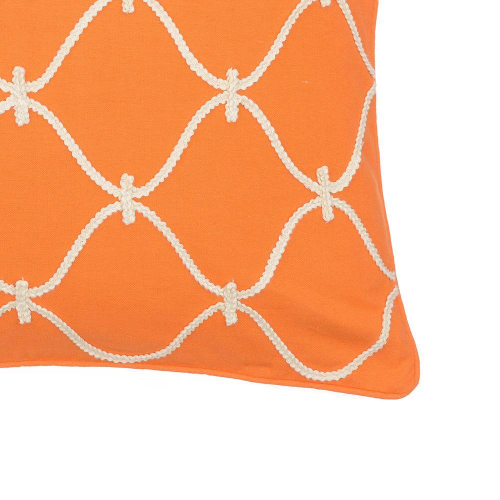 None Serendipity Orange, White Ogee Pattern Rope Applique 20 in. x 20 in. Throw Pillow