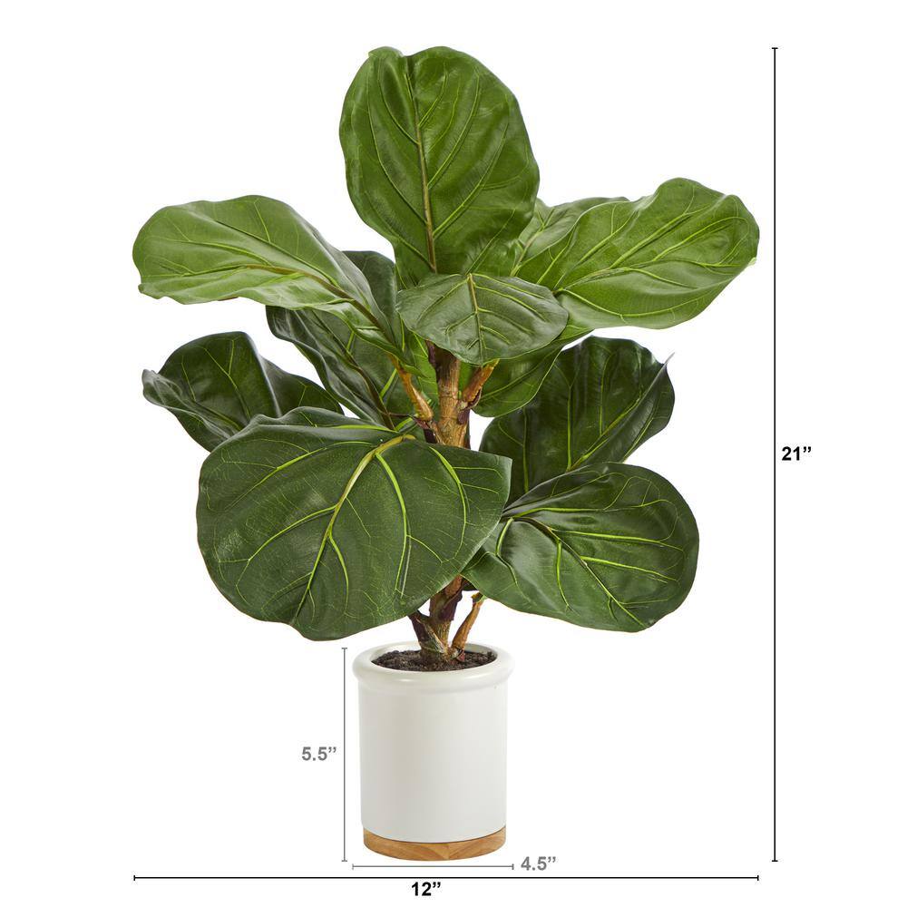 Nearly Natural 21 in. Fiddle Leaf Artificial Tree in White Ceramic Planter
