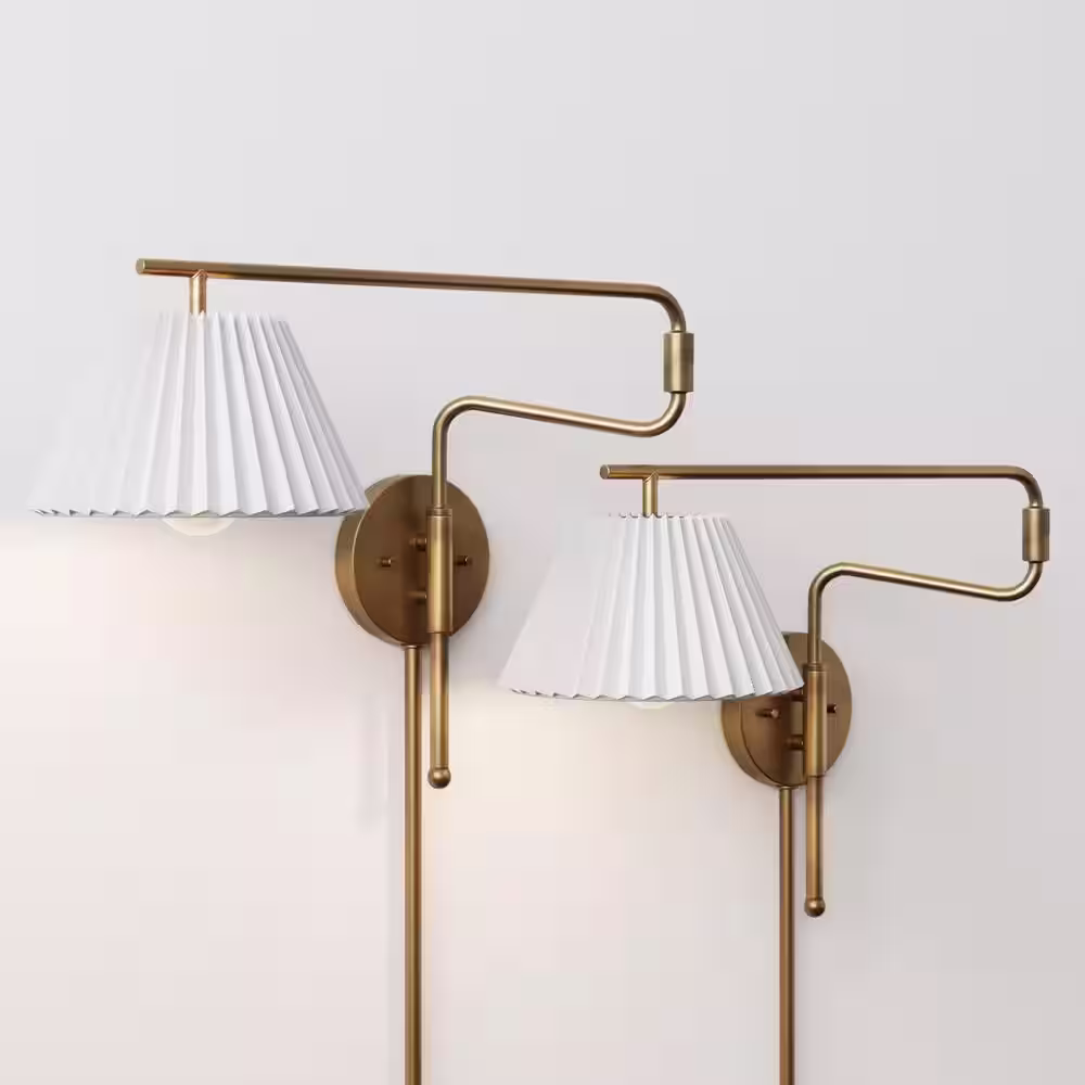 Nathan James Kai 30 in. W 2-Light Set Vintaged Brass Modern Wall Mounted Plugin Bedside Lamp Wall Sconce w/Pleated Shade (Set of 2)