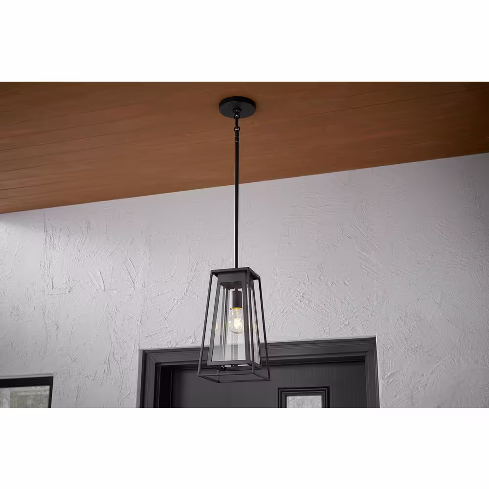Home Decorators Collection Bailey Modern 1-Light Black Double Frame Outdoor Pendant Light with Clear Glass