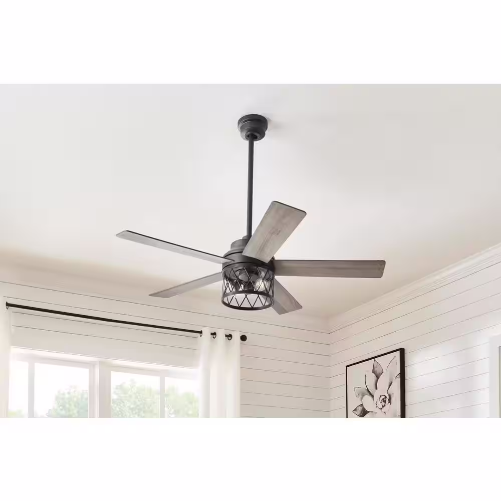 Hampton Bay North Grove 52 in. Indoor LED Matte Black Dry Rated Ceiling Fan with 5 Reversible Blades, Light Kit and Remote Control