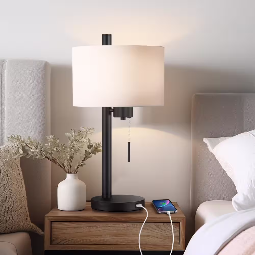TRUE FINE 23 in. Black Modern Table Lamp with USB Port and White Linen Shade