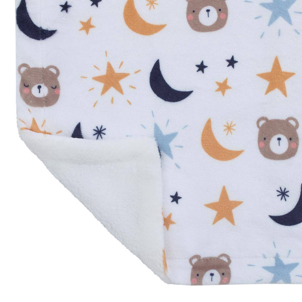 NoJo Goodnight Sleep Tight White Bear, Moon and Star Polyester Super Soft Baby Blanket