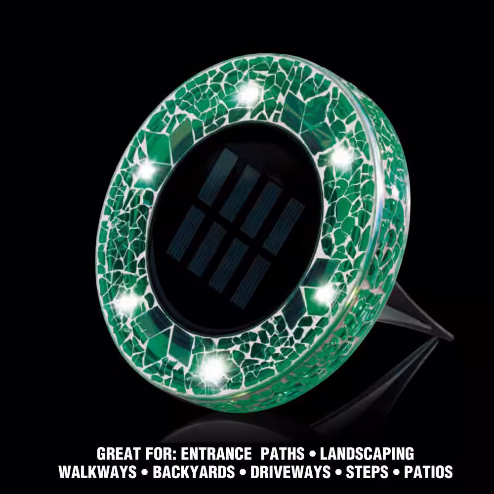 Bell + Howell Mosaic Disk Lights Green Solar Powered LED Weather Resistant Path Lights with Mosaic Glass Top (4-Pack)